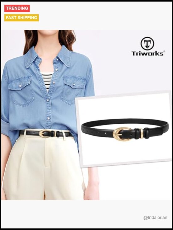 Women\'s Faux Leather Skinny Belt with Gold Buckle main image 6
